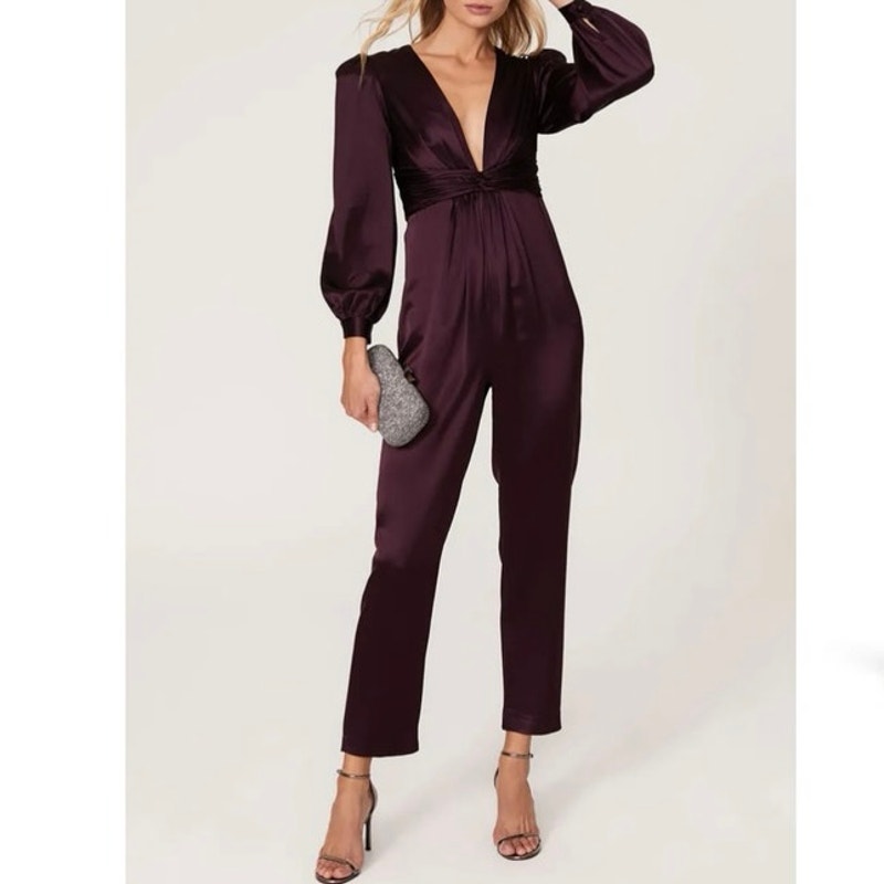 Leena For Mac Duggal Plum V-Neck Jumpsuit Satin Bordeaux Size 2